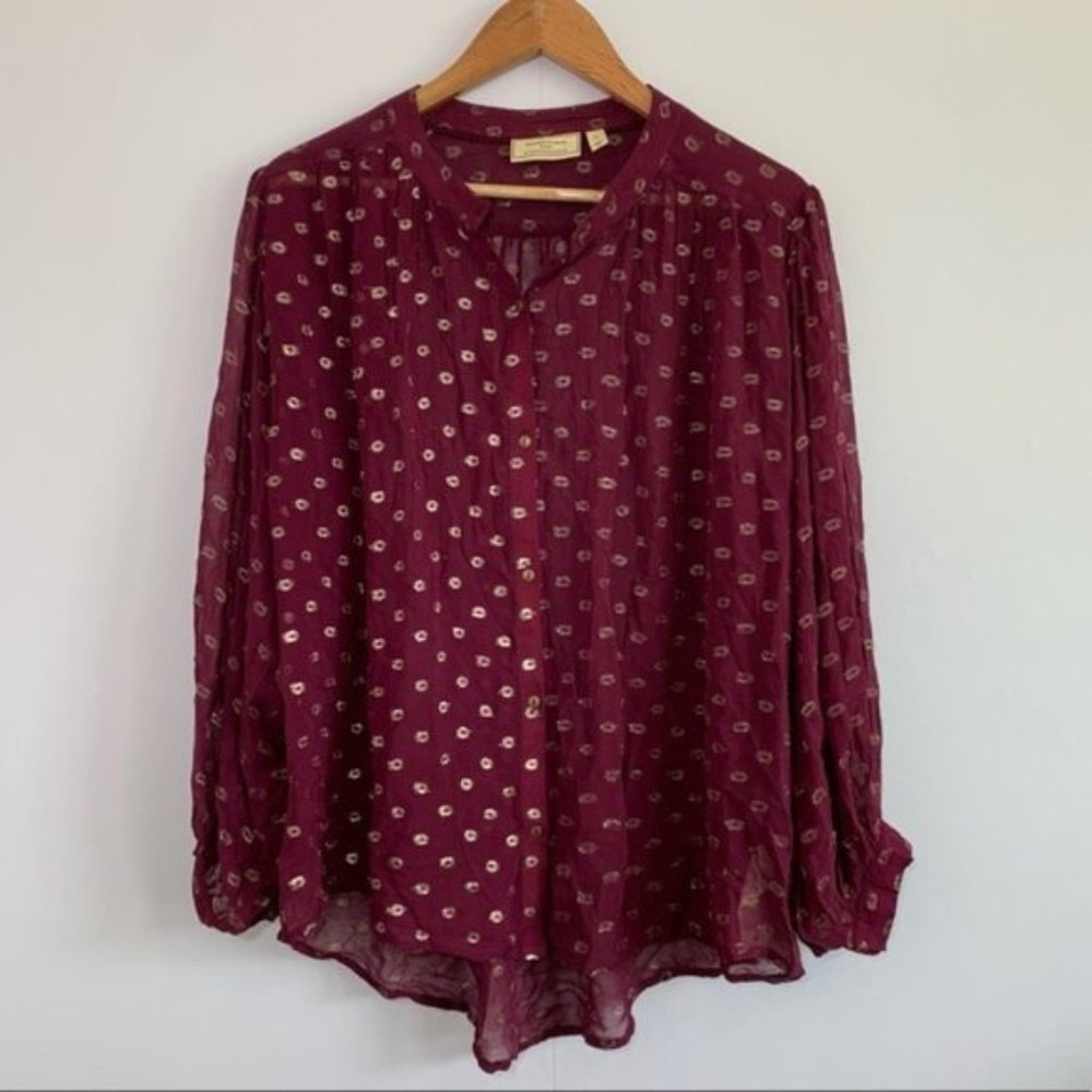 Anthropologie Moulinette Soeurs Burgundy Blouse with Gold Motif